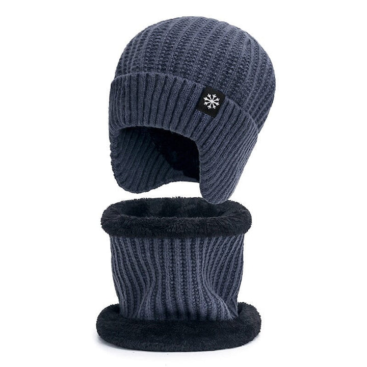Comfortable unisex knit beanie and scarf set, featuring a dark color and plush fleece interior