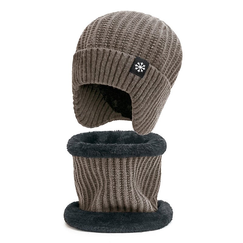 Front view of a warm, fleece-lined knit beanie hat and accompanying scarf, perfect winterwear