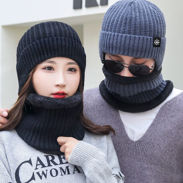 Stylish adult knit beanie and matching scarf set, designed for warmth in cold winter conditions