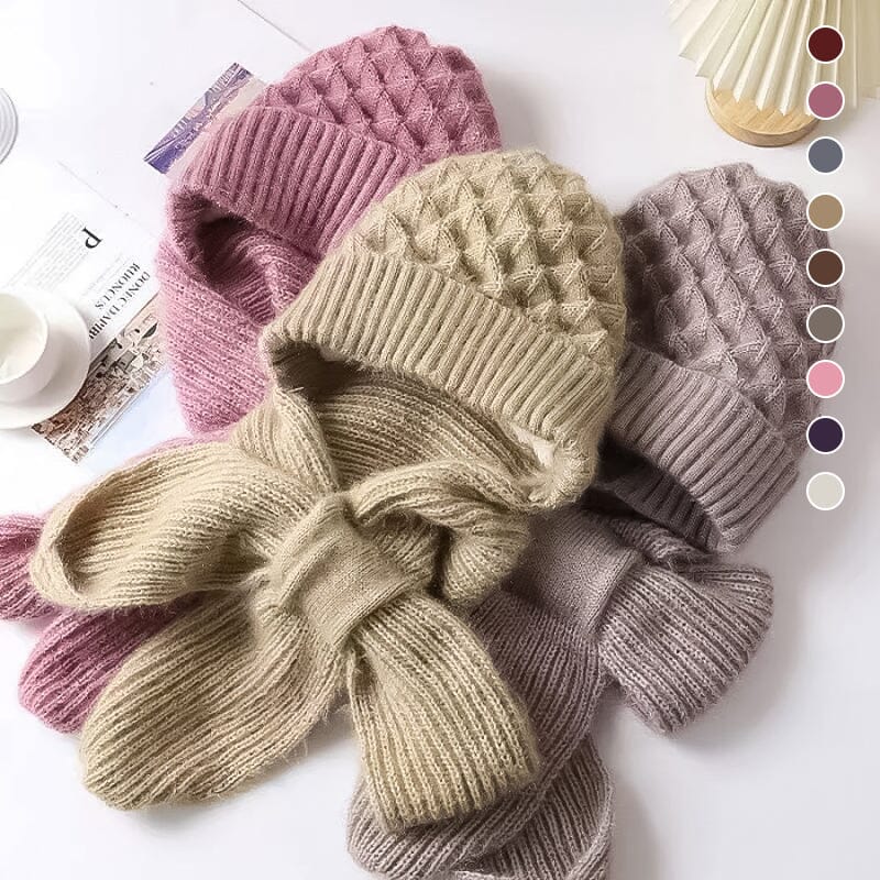 Unisex winter knit hooded scarf in gray, providing ear protection and warmth for cold weather.