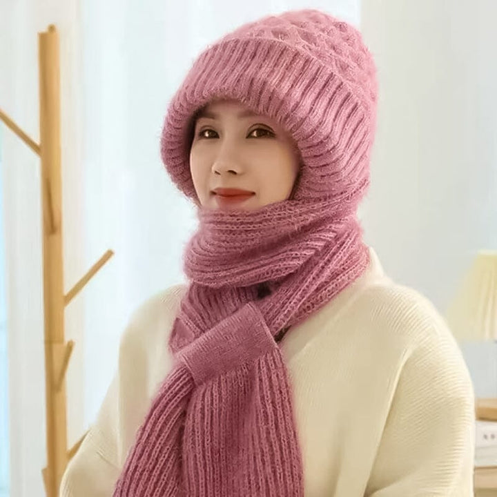 Unisex winter hooded scarf in light blue, knit, providing comfortable ear protection and warmth against the cold.