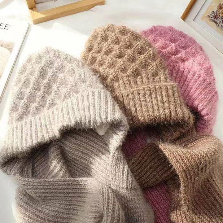 Warm knit hooded scarf, unisex, in black, designed with ear protection for outdoor winter activities.