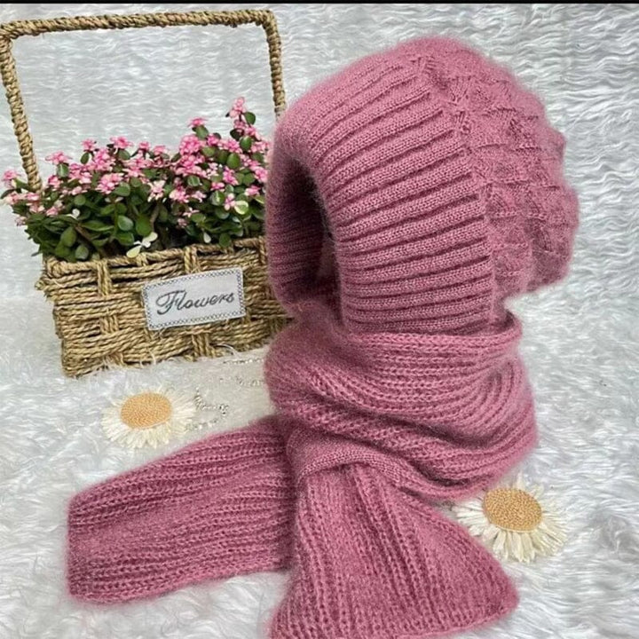 Casual unisex winter knit hooded scarf in olive green, with built-in ear protection for warmth and style.
