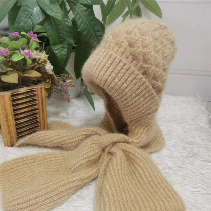 Detail of the knit pattern on a unisex hooded scarf, highlighting its warmth and ear protection features for winter.