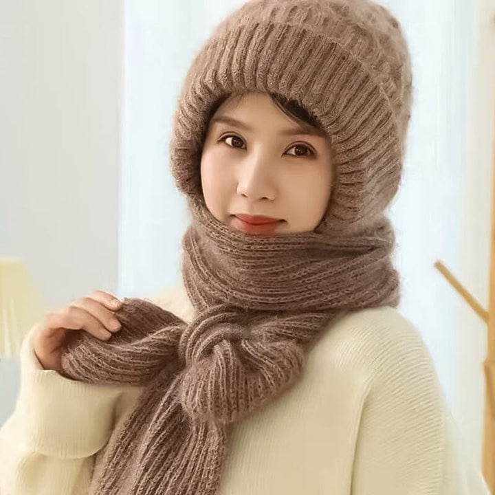 Windproof knit hooded scarf, unisex, in forest green, with ear flaps for enhanced warmth during cold weather.