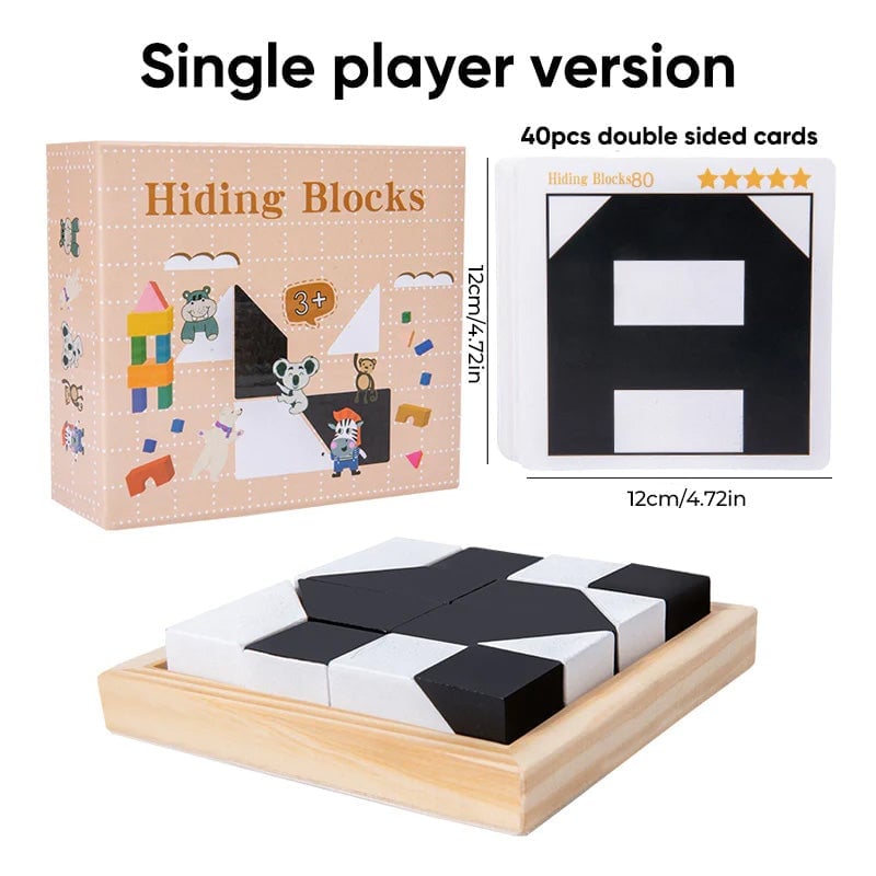Unisex wooden block puzzle set on a table with other educational toys, a fun logic game