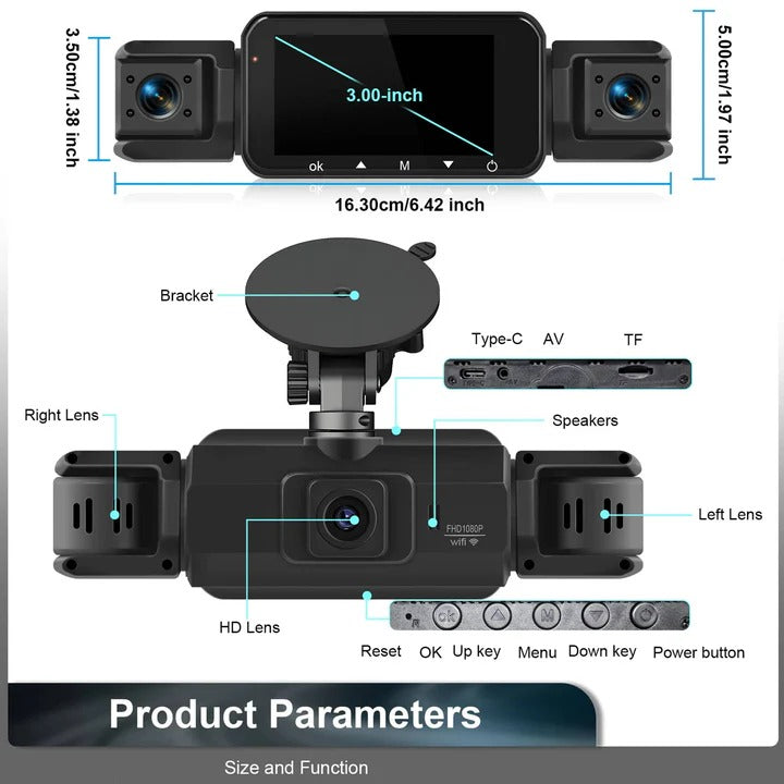 4-channel WiFi dash cam system installed in a car, demonstrating its discreet placement for all-around view.