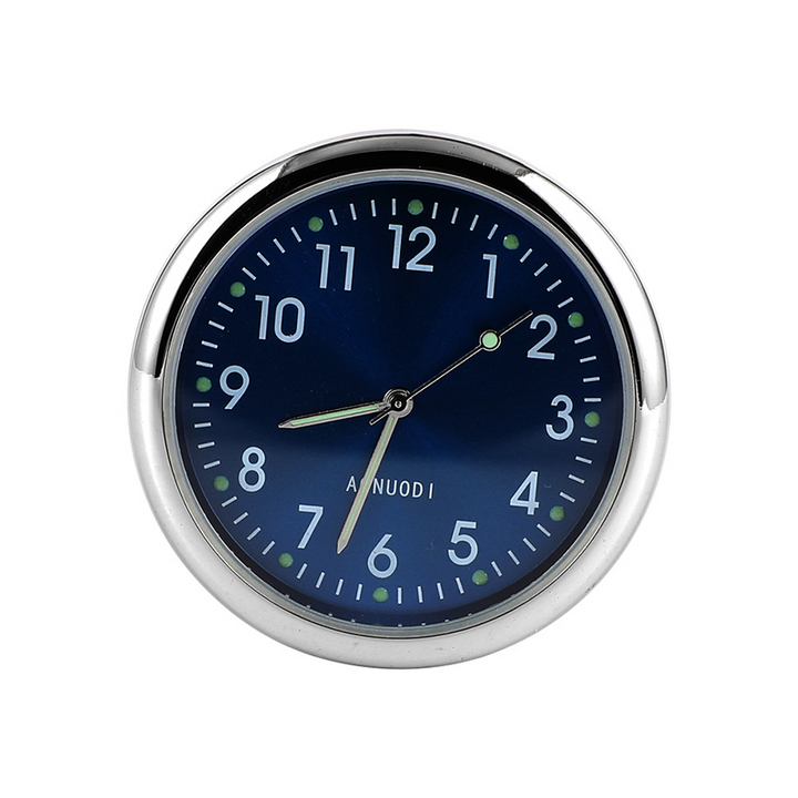 Driver's view of universal car dashboard clock, glowing brightly with accurate time display