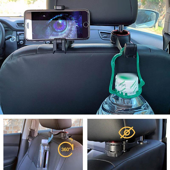 Multi-functional car headrest hook, black, fully rotating for convenient bag and coat storage