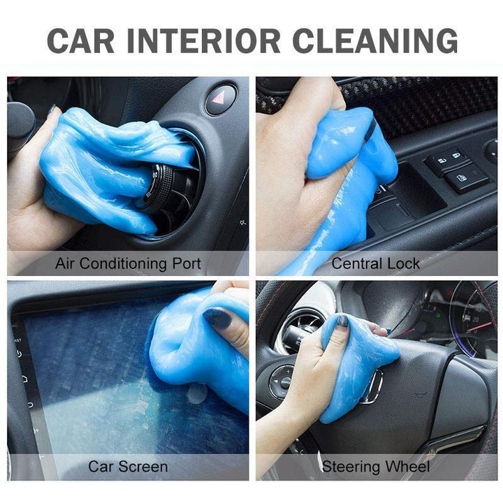 Hand holding cleaning gel, demonstrating its pliability and effectiveness for auto detailing & interior care.