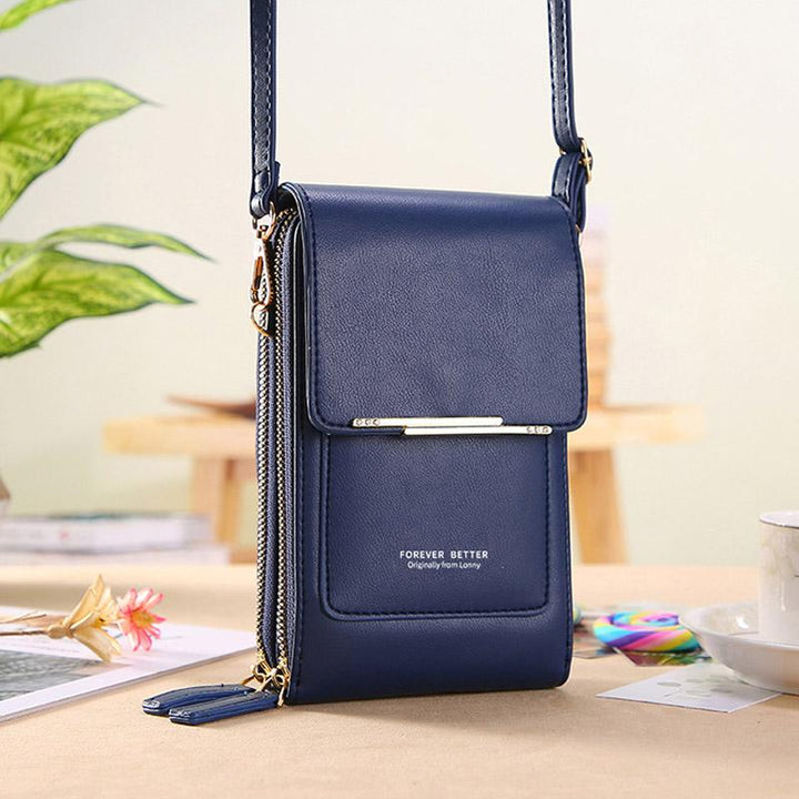 Close-up of the textured PU leather material of a universal crossbody phone case, highlighting craftsmanship and durability.
