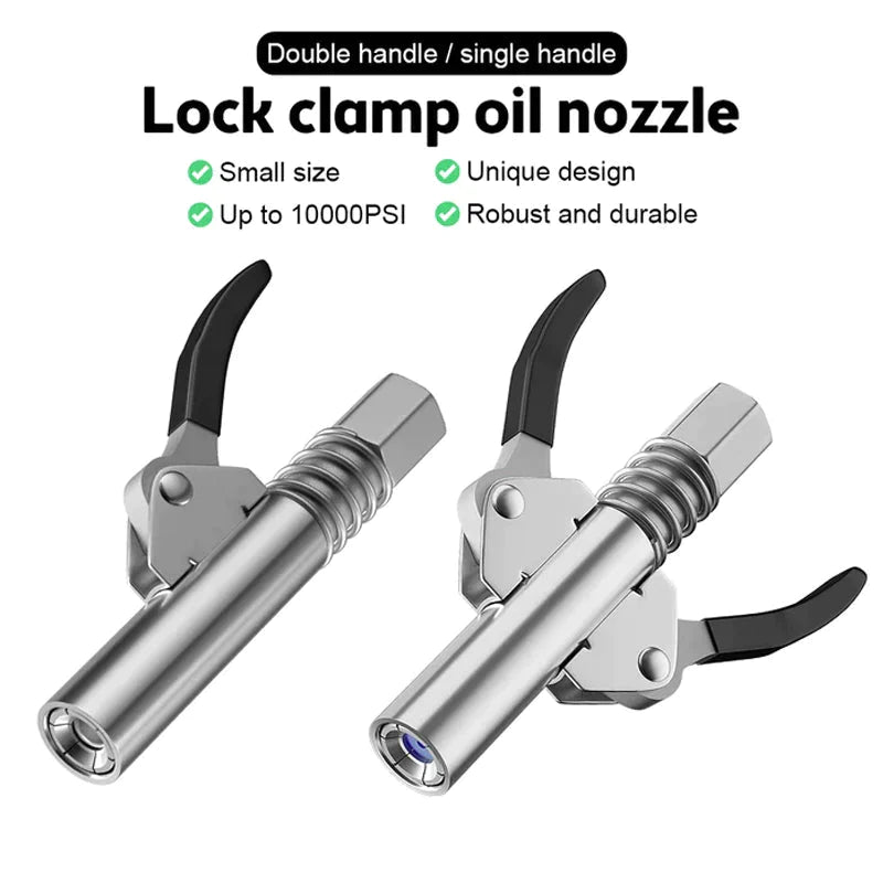 Close-up of Universal Lock-On Grease Gun Coupler, heavy-duty construction for auto maintenance tools