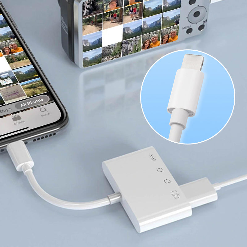 Portable universal memory card reader, silver, enabling quick data transfer from SD/microSD to mobile devices