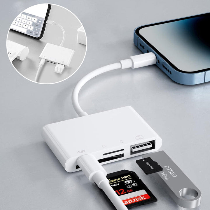 Close-up of a universal mobile memory card reader showing USB-C plug and card slots for SD and microSD