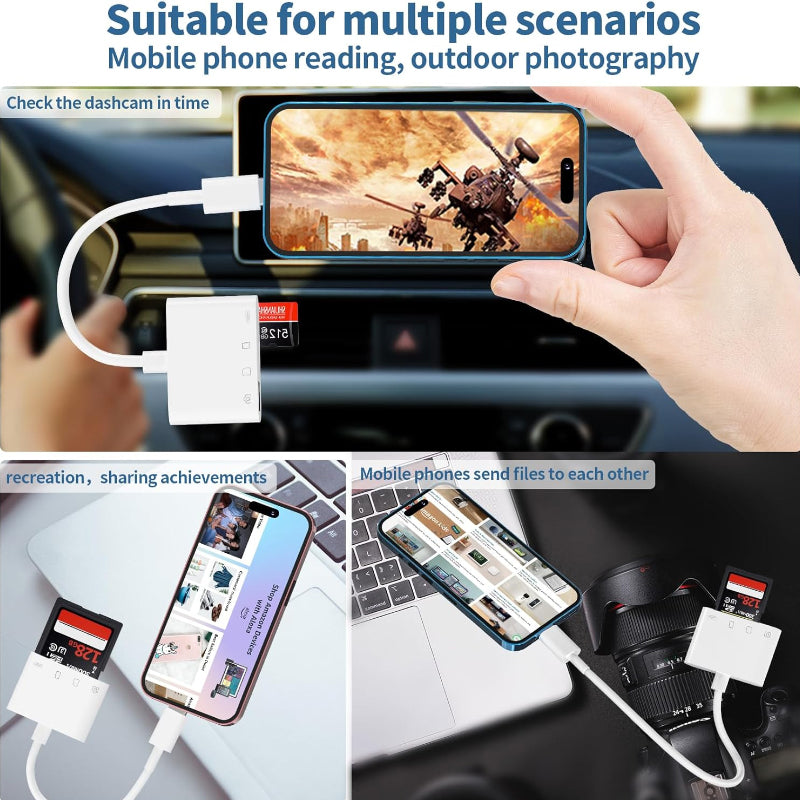 Packaged universal mobile memory card reader, highlighting features like fast data transfer for mobile accessory