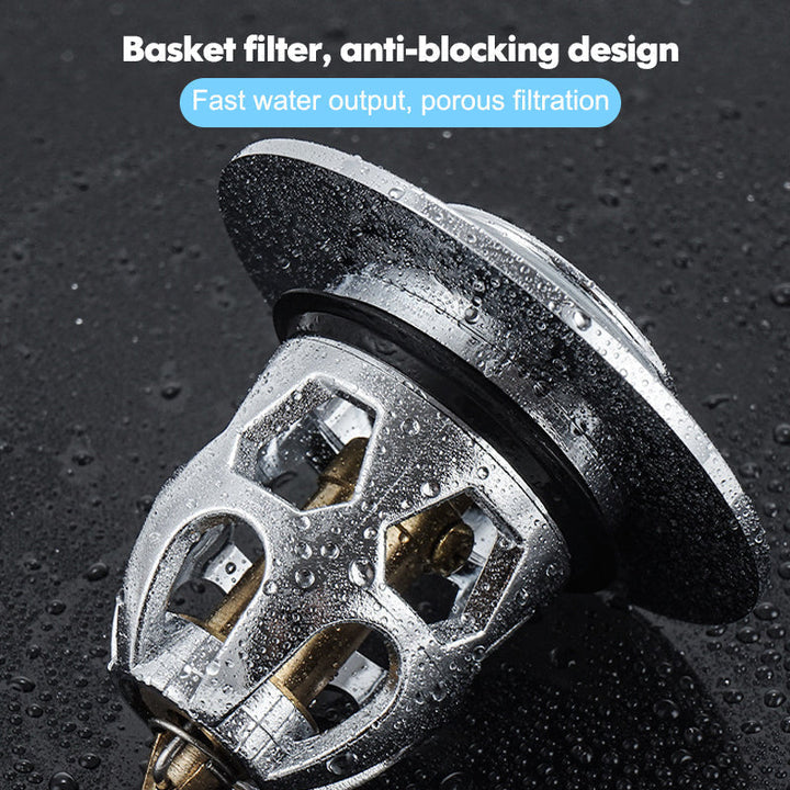 Universal Pop-Up Sink Drain Stopper installed in a bathroom sink, preventing hair and debris