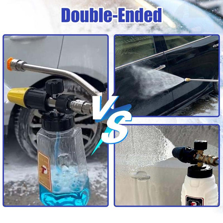 Complete pressure washer foam cannon set with bottle, nozzle, and dual connector adapter