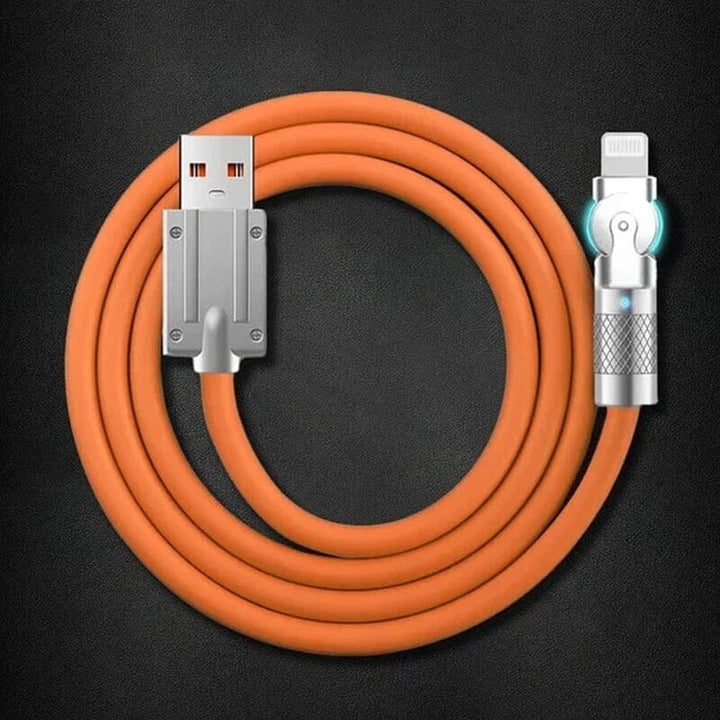 Universal fast charge USB cable demonstrating tangle-free rotating design.