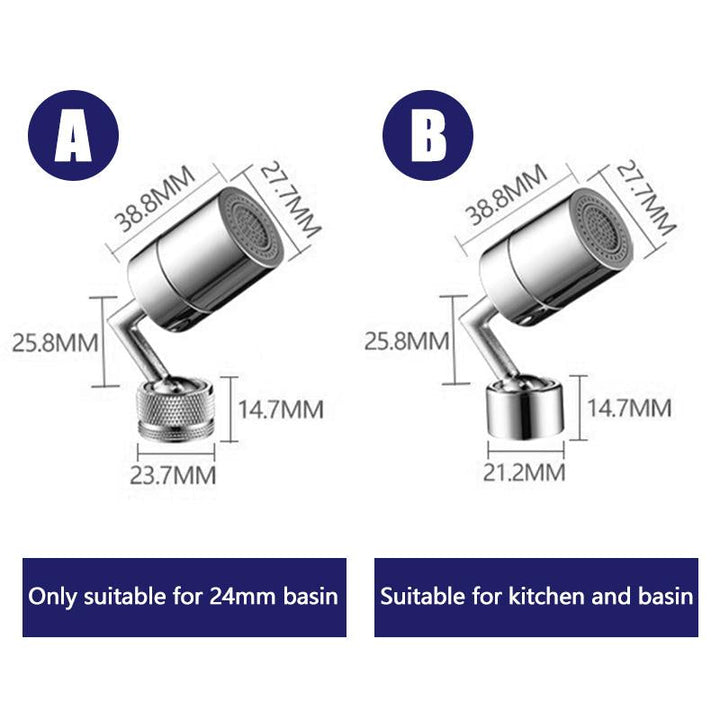 Swivel faucet attachment improving water flow and reach for easier cleaning in kitchen/bathroom