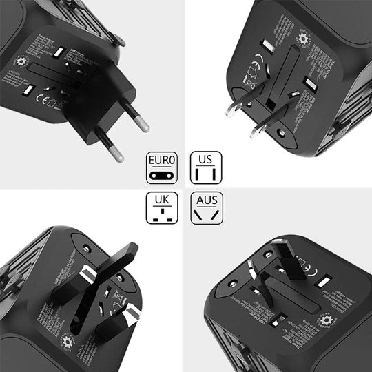 Universal plug adapter with 4 USB outputs, ensuring your devices stay charged anywhere.