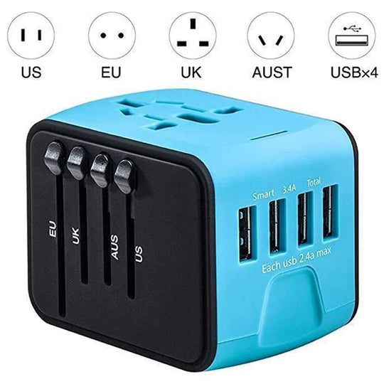 Compact and powerful universal travel adapter with 4 USB ports for worldwide adventures.