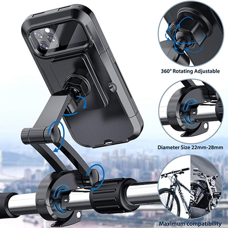 Motorcycle phone mount, universal fit, secures phone during bumpy travel