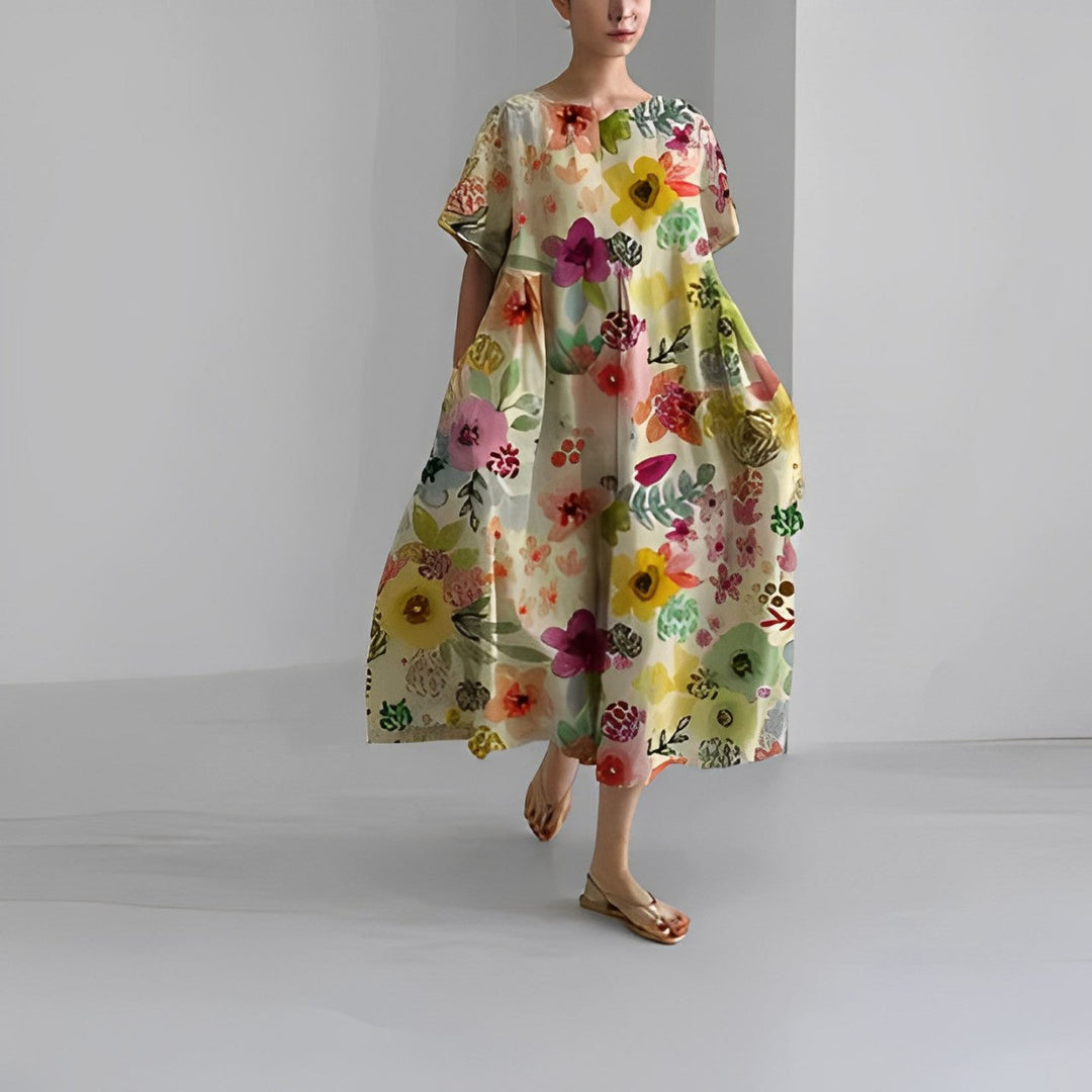 Stylish women's vibrant floral dress, a flowy maxi design for effortless spring fashion.