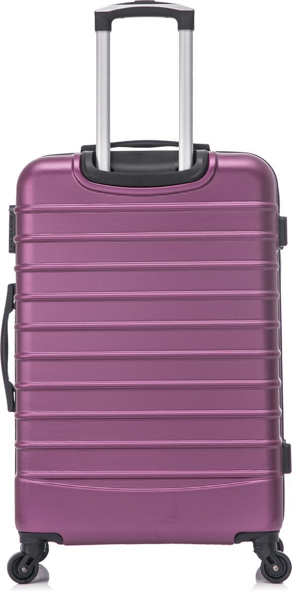 Complete purple hardside luggage set; two durable spinner suitcases for your next adventure.