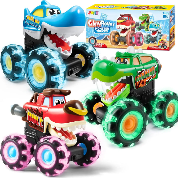 Vibrant RoarRoller Press and Go light-up toy trucks for kids, perfect for interactive play.