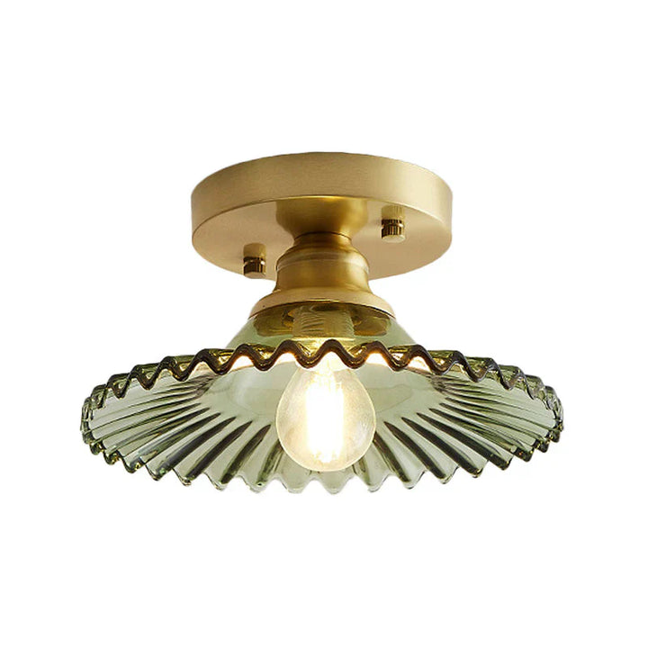 Vintage-inspired semi-flush ceiling lamp with ribbed green glass shade, ideal for classic or modern interiors.