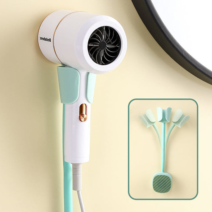 Close-up of durable wall mounted hair dryer holder with cord storage, black finish