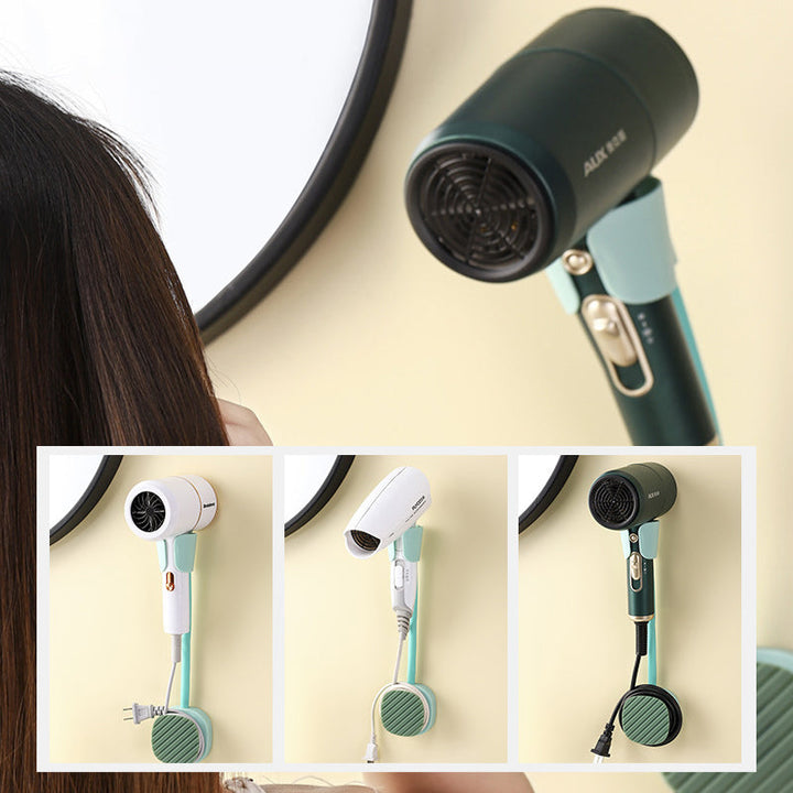 Organized bathroom countertop with hair dryer stored in a convenient wall mounted holder
