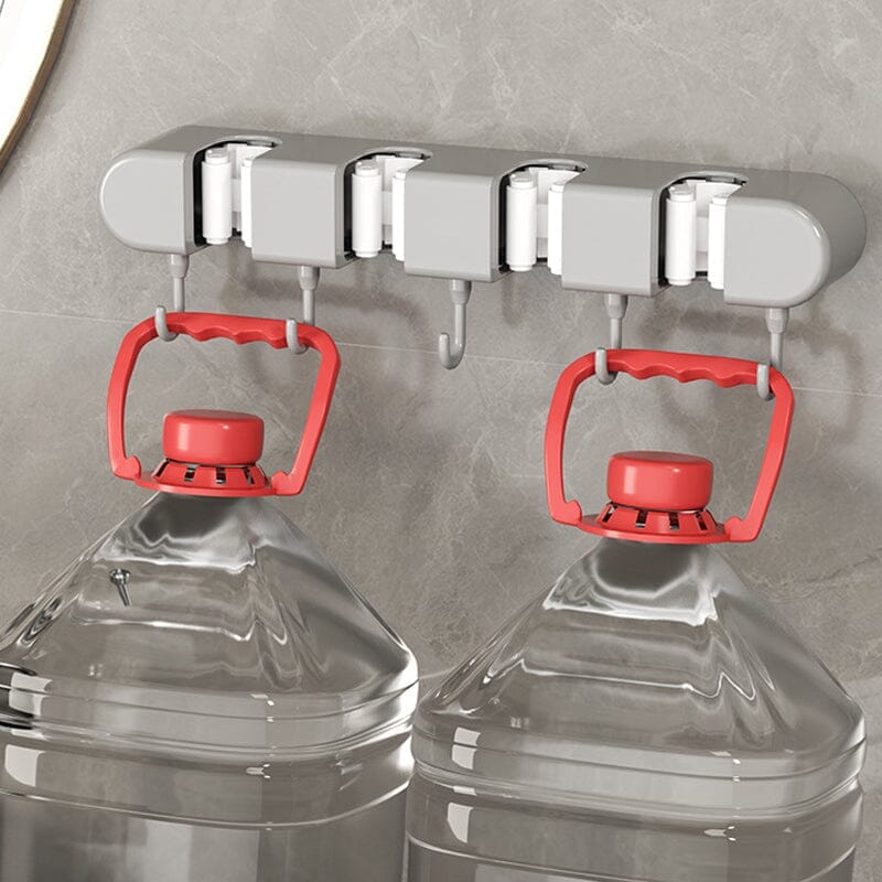 Space-saving mop and broom wall mount with hooks, perfect for home organization, black finish