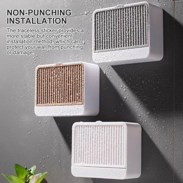 Plastic wall mount soap tray for shower, self-draining to avoid water accumulation, a practical home organization item.