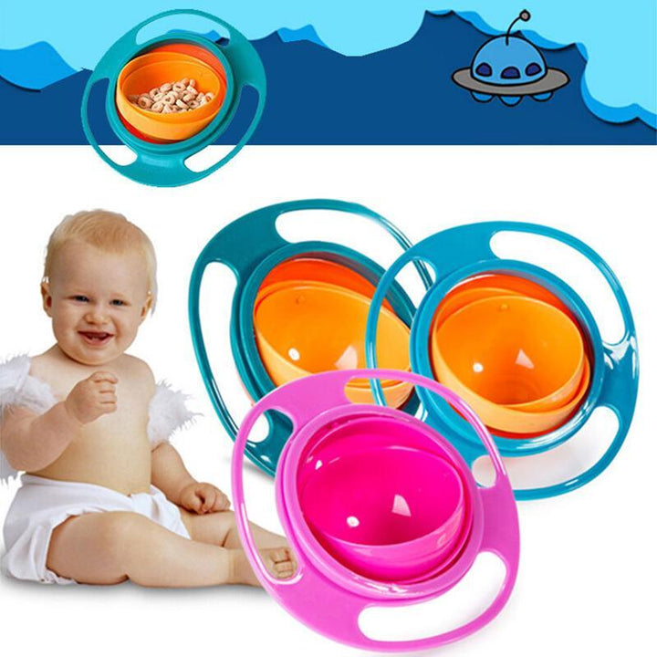 Overhead view of a spill-proof gyro baby bowl, highlighting its unique 360-degree rotation mechanism.