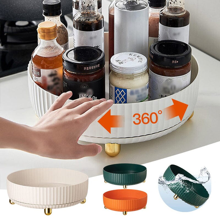 White rotating storage rack for kitchen and pantry organization, space-saving turntable for cabinets