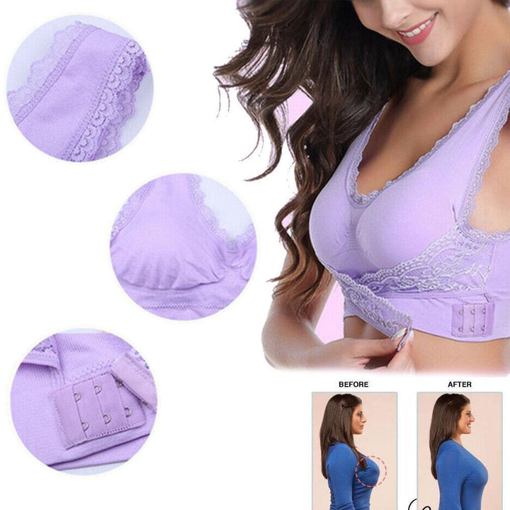 Women's support bra, wireless lace with front cross lift and ultimate comfort
