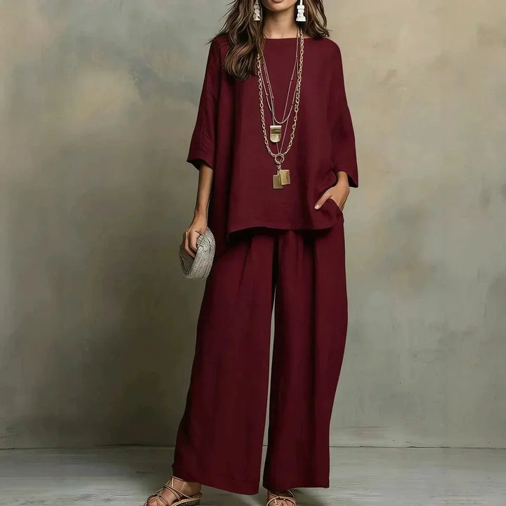 Stylish women's matching wide-leg pant set. Relaxed fit, breathable fabric for ultimate summer comfort & casual wear.