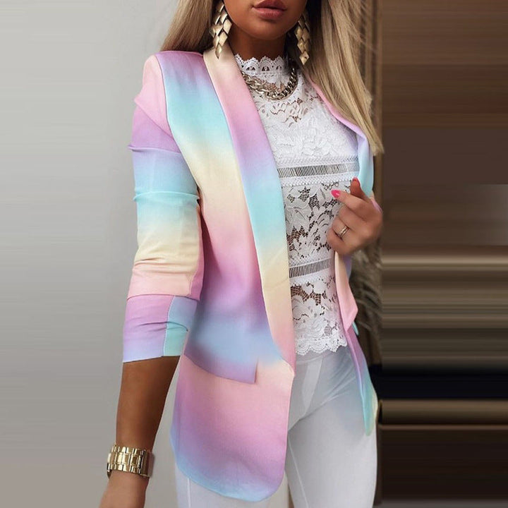 Modern women's 3/4 sleeve open front blazer, a patterned jacket offering casual chic and fashionable layering.