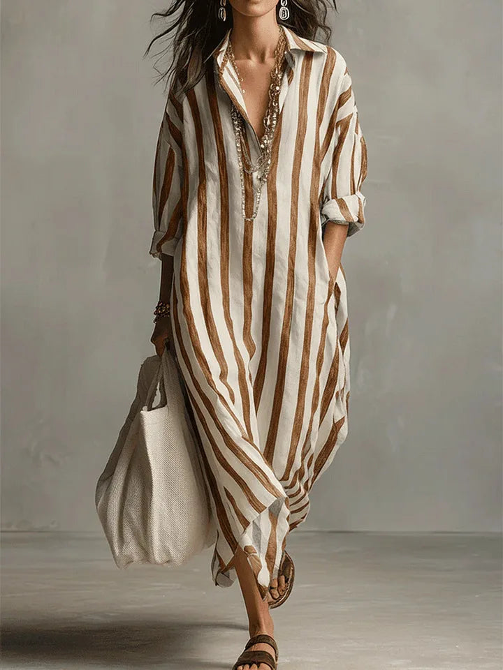 Stylish Amaris striped long shirt dress for women, with V-neck, three-quarter sleeves, and relaxed fit.