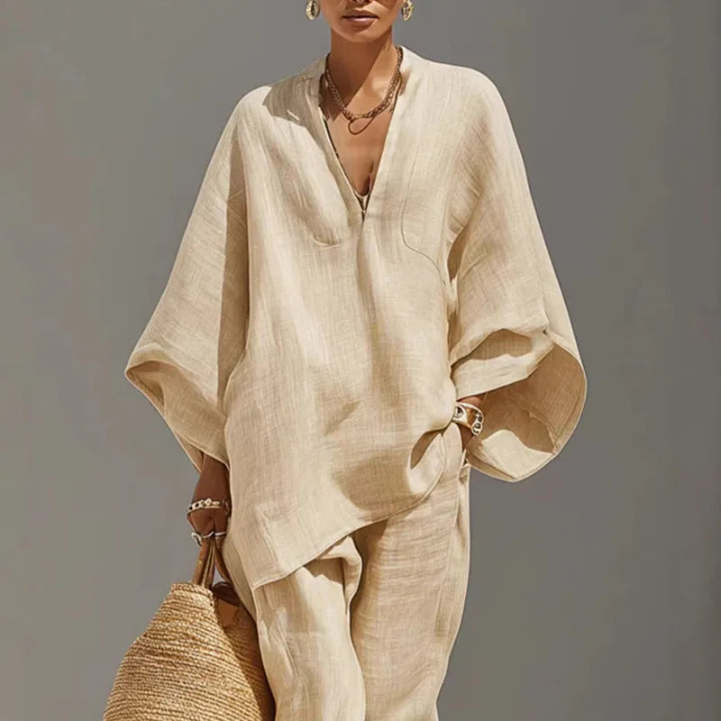 Women's batwing sleeve two-piece lounge set in a relaxed fit, perfect for casual summer wear.