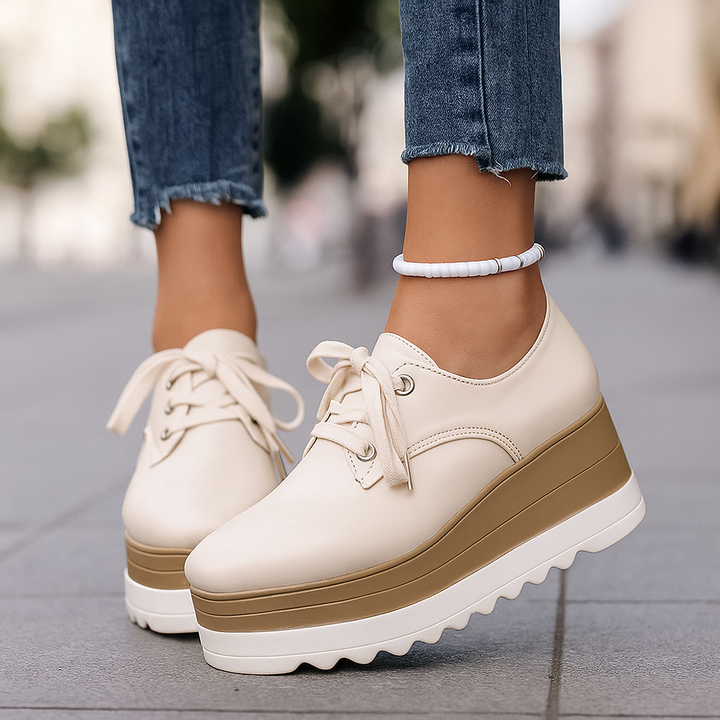 Women's beige orthopedic stacked platform shoes with arch support for comfortable daily wear & foot pain relief.