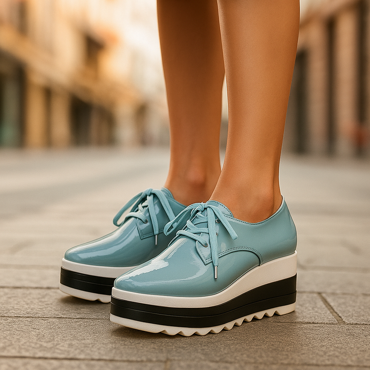 Blue women's supportive stacked platform shoes, orthopedic design with arch support for comfortable foot pain relief.