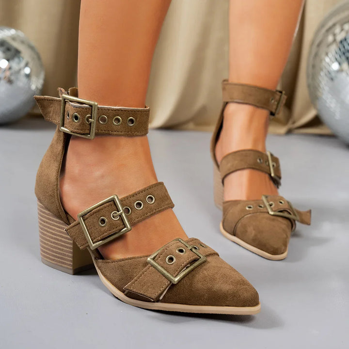 Women's stylish black buckle block heels, designed for all-day comfort