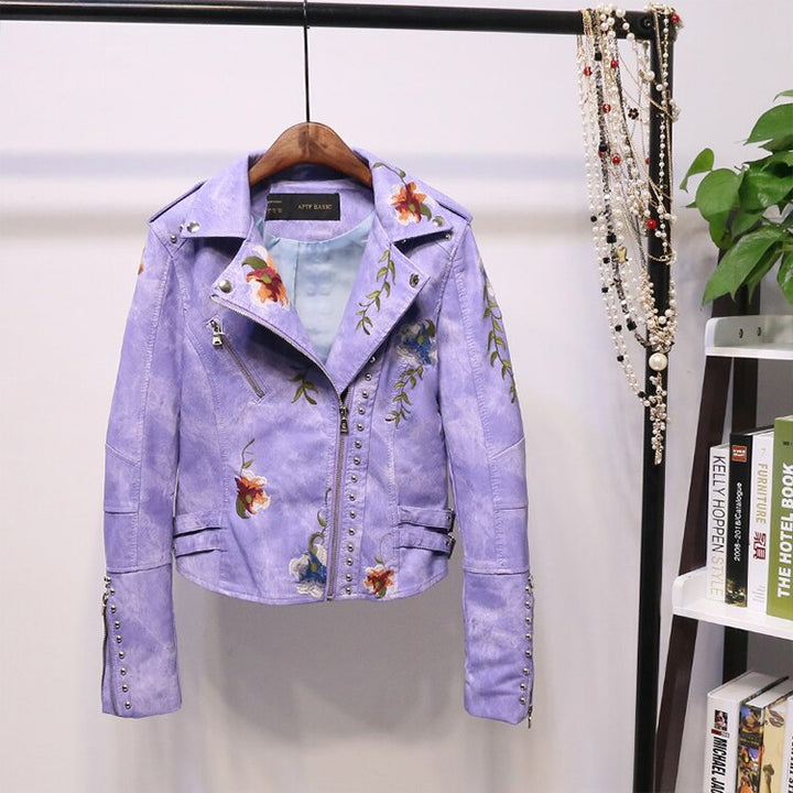Women's "Eleonora" embroidered biker jacket offering casual elegance with a unique floral design.