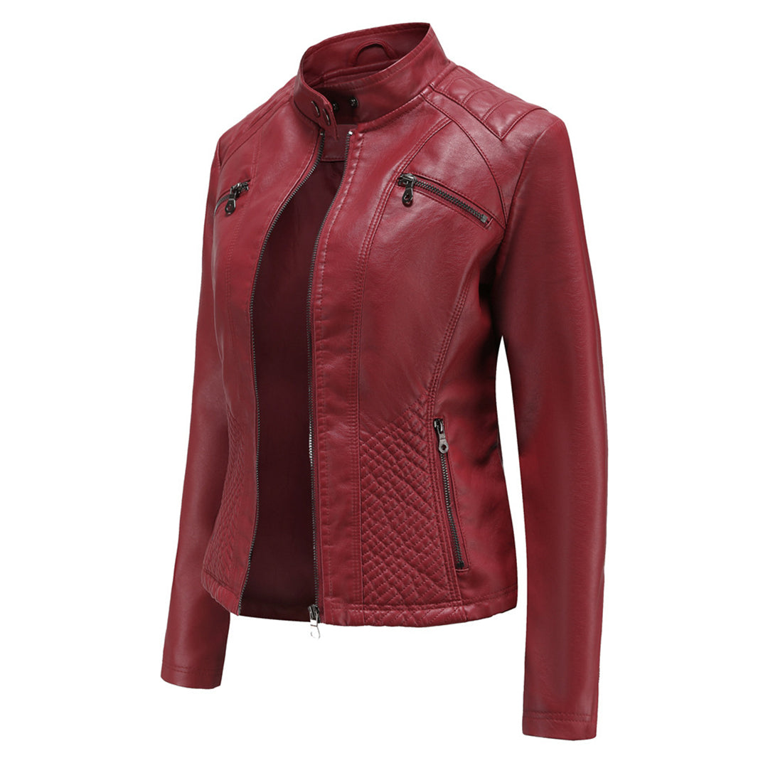Must-have women's biker jacket in black faux leather, complete with a practical zip-up and chic design.