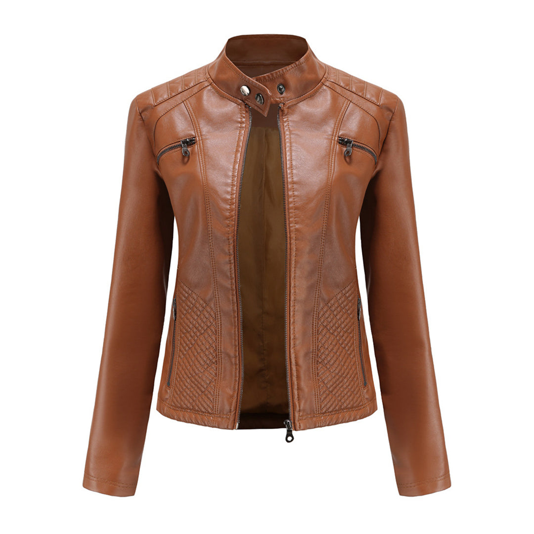 Sleek black faux leather jacket for women, designed with a zip-up front and classic biker styling.