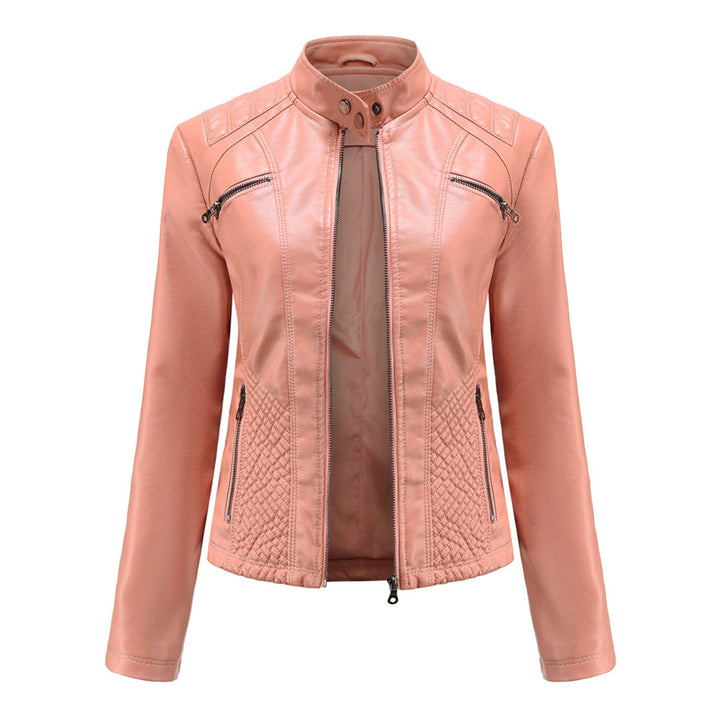 Stylish women's outerwear: a black faux leather zip-up jacket with biker-inspired design elements.