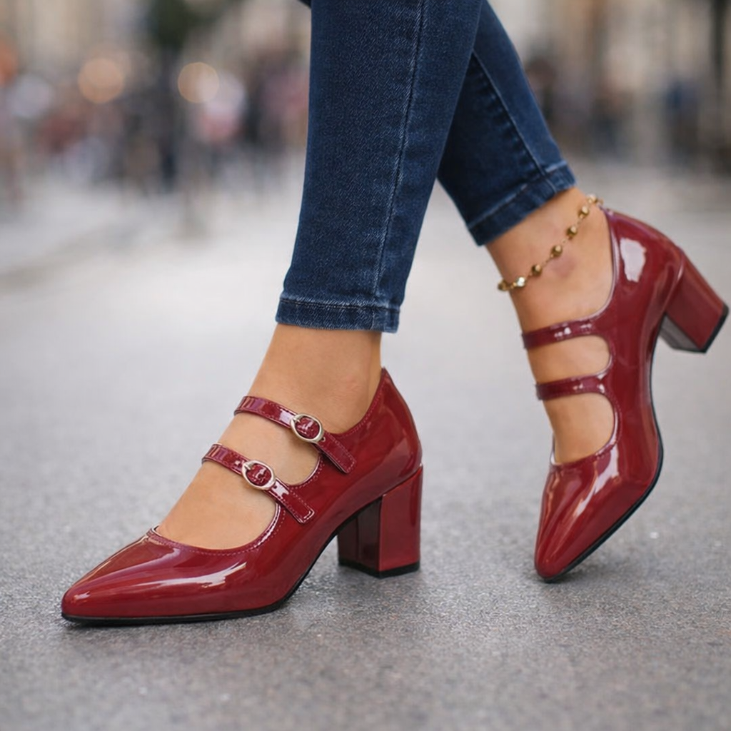 Close-up of dual buckle straps on women's block heel pumps, stylish fashion heels