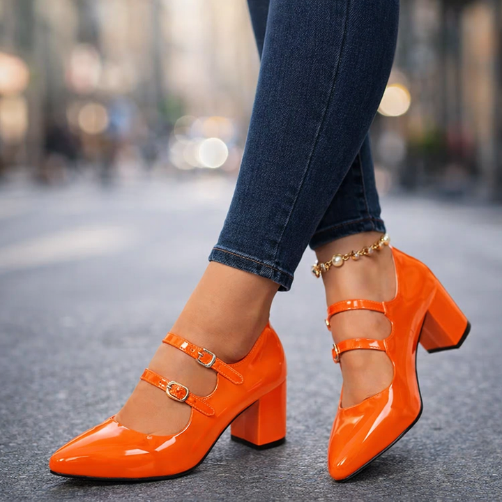 Side view of women's comfortable black block heel pumps, perfect for work